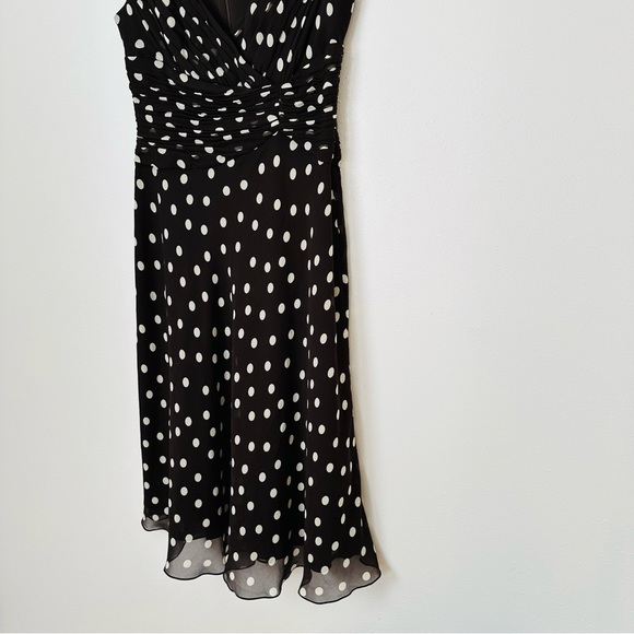 Adrianna Papell brown polka dot ruched v-neck fit and flare midi dress - Picture 10 of 13